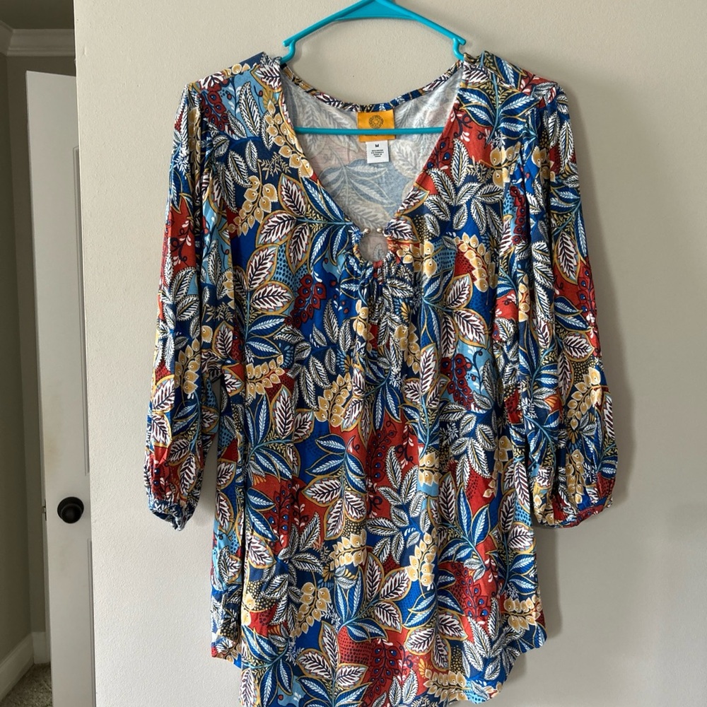 Ruby Rd. Multi-Color Floral V-Neck Peasant Blouse